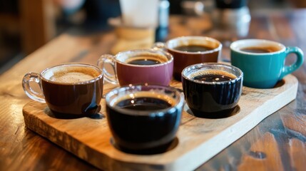 A coffee flight with six mugs of coffee on a wooden tray, ready for tasting.