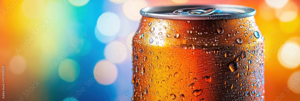 Poster Classic soda can covered in condensation against a vivid colorful background with reflections and high contrast creating an eye-catching appearance