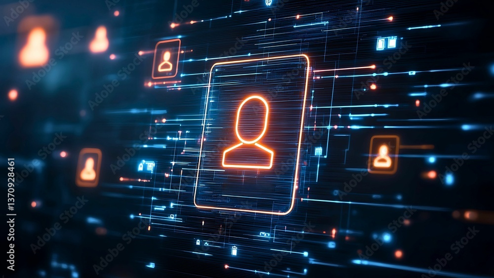 Poster digital representation of user profile icon, symbolizes user data and network activity, in a technol