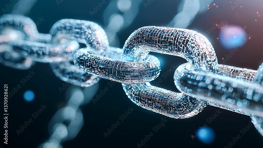 Poster a close-up view of a digital chain, illustrating the concept of blockchain and interconnectedness. t