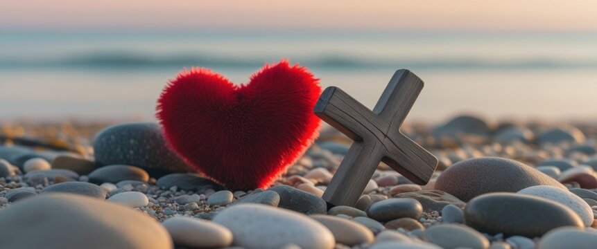 heartfelt love symbol and cross on romantic beach illustration