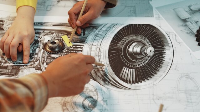 A close-up view of hands analyzing detailed technical drawings of a jet engine, with focus on components and teamwork in an aviation design environment. SACTR