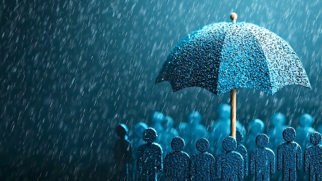 Concept of protection and support in the rain, represented by an umbrella shielding a group of people from the downpour. A symbolic representation of safeguarding and security