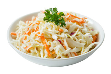 Fresh coleslaw with crunchy cabbage and carrots garnished with parsley.
