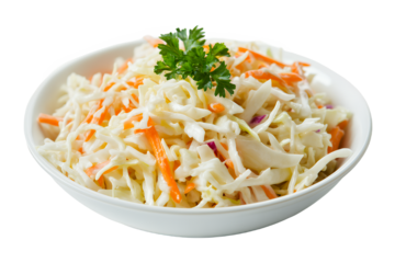 Fresh coleslaw with crunchy cabbage and carrots garnished with parsley.