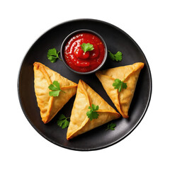 Three samosas with tomato sauce and parsley garnish on a black plate top view close up studio shot