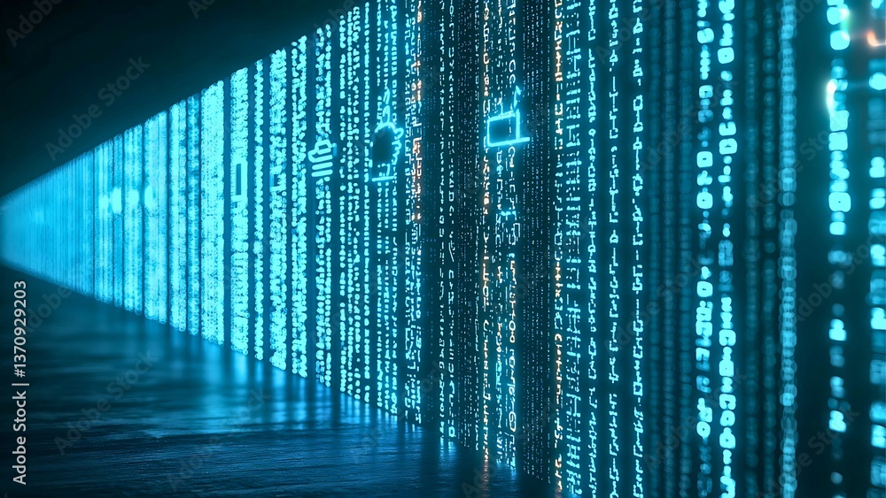 Poster digital code streams down a hallway, with an open area on the side