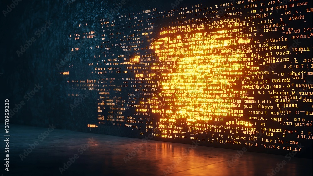Poster abstract digital wall with glowing data, representing technological advancement and information flow