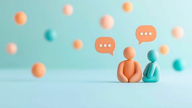 Two clay figures are having a discussion with speech bubbles, symbolizing conversation, and connection