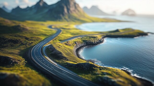 Road winding through mountains. Aerial aerial of a road winding through the mountains. A natural landscape with a generative nature. Path curving lifestyle through the mountains.