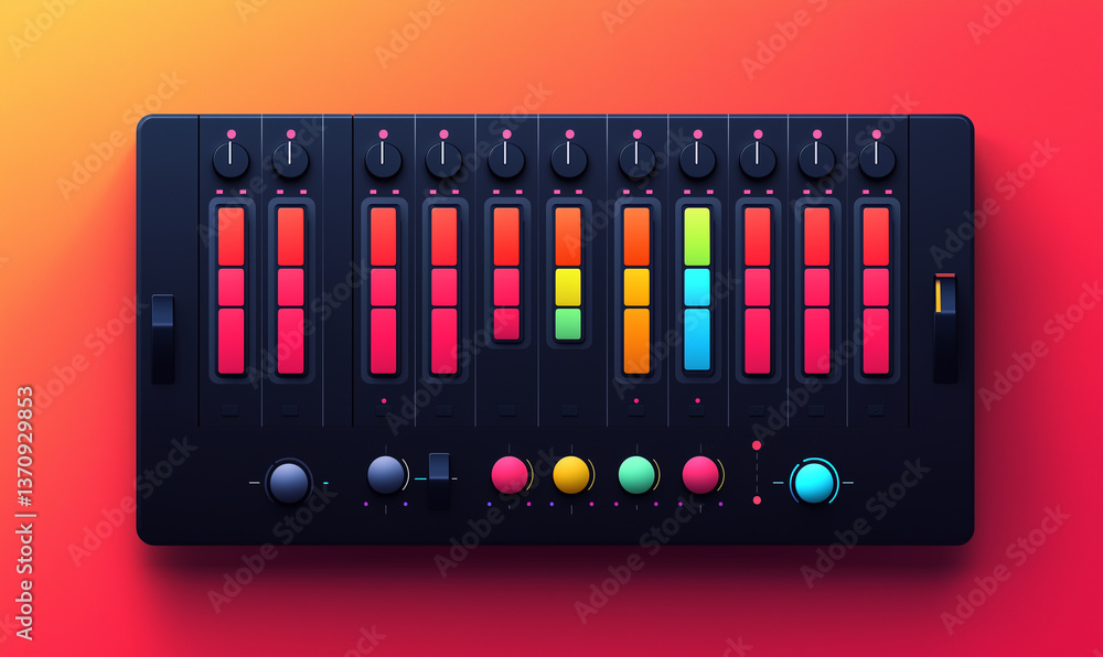 Poster a colorful audio mixer with multiple sliders and knobs, designed for music production and sound engi