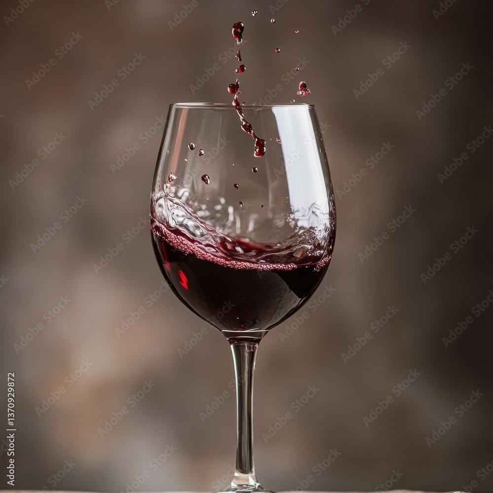 Poster elegant red wine swirling in a crystal glass creating a splash against a blurred brown backdrop in a