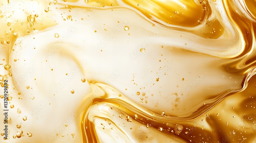 Poster golden liquid swirling with bubbles displays a shiny texture, creating an abstract design against a 
