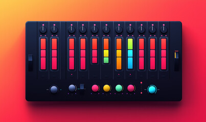 A colorful audio mixer with multiple sliders and knobs, designed for music production and sound engineering.