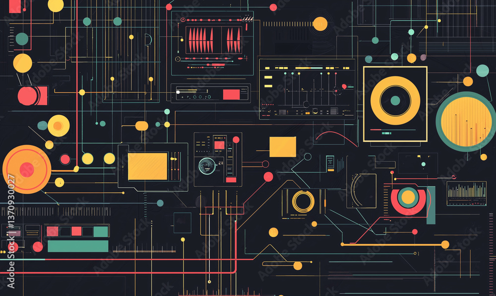 Poster abstract digital design depicting retro technology elements with vibrant colors on a black backgroun