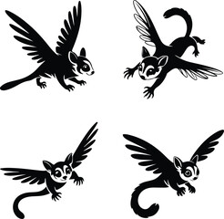 Sugar marsupial fly, or sugar flying posum Silhouette of a sugar glider Sugar glider animal design, illustration, vector with black color, pink background. Sugar glider flies. Monochrome contour vecto