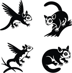 Sugar marsupial fly, or sugar flying posum Silhouette of a sugar glider Sugar glider animal design, illustration, vector with black color, pink background. Sugar glider flies. Monochrome contour vecto