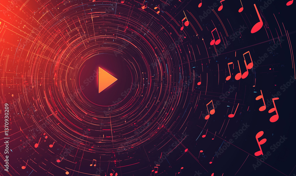 Poster a swirling vortex of musical notes surrounding a play button, symbolizing sound and rhythm in a dyna