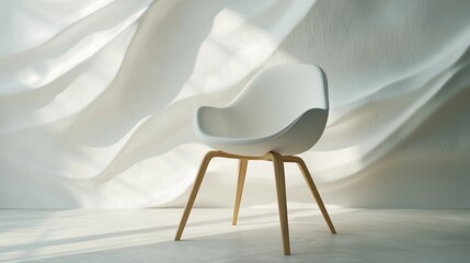 Chair in front of wall. White and white chair with a light top. Wooden legs with wooden legs in a file. A chair positioned against a lifestyle wall.
