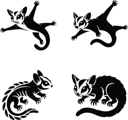 Sugar marsupial fly, or sugar flying posum Silhouette of a sugar glider Sugar glider animal design, illustration, vector with black color, pink background. Sugar glider flies. Monochrome contour vecto