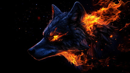 Fototapeta premium head of a wolf with fire flames isolated on black background