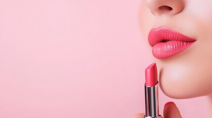 Obraz premium Woman applying red lipstick while looking in a compact mirror, beauty and elegance concept with soft pastel pink background