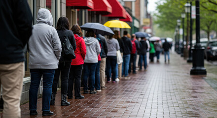 Diverse people waiting in long queue for store opening, seasonal holiday sale clearance under drizzling early morning rain on wet sidewalk. Shopaholism, rush, consumerism. Black Friday, Cyber Monday