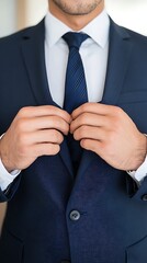 Man in navy suit adjusting tie in front of a mirror, poised and sophisticated business look in luxury office background