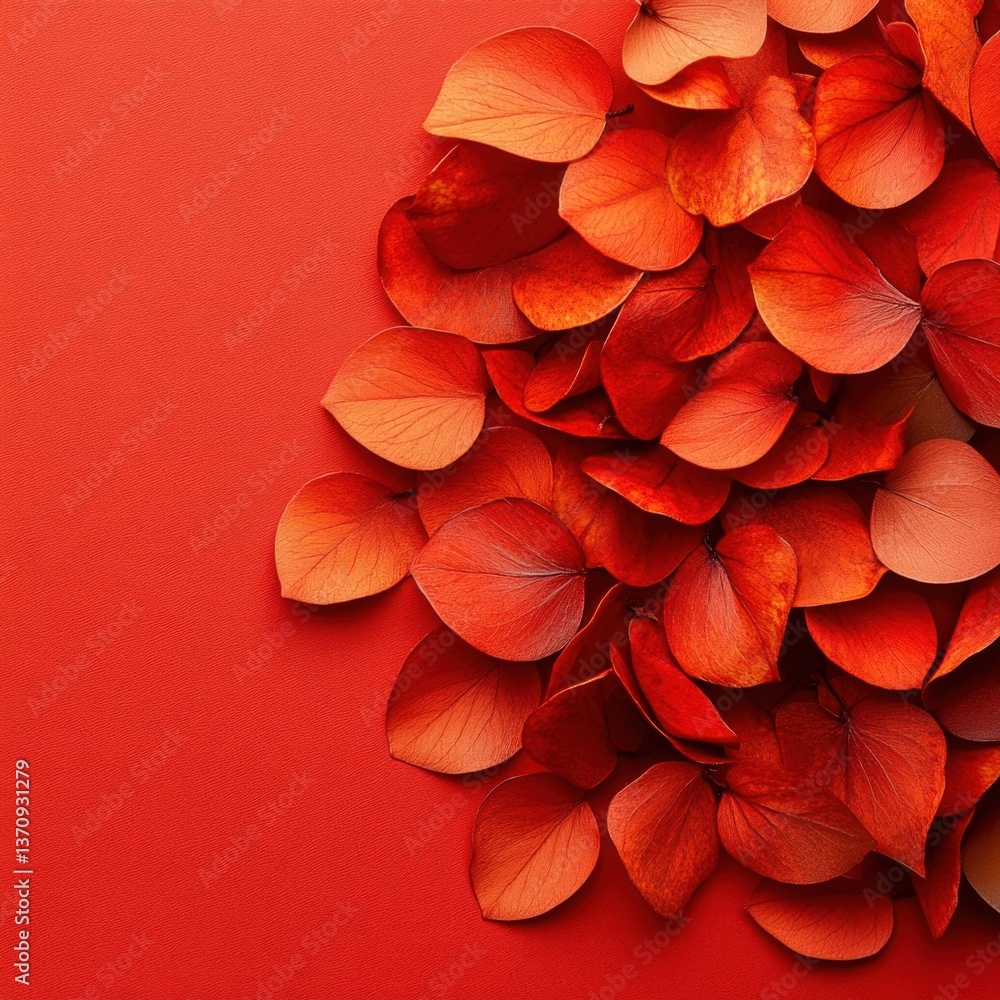 Poster artistic arrangement of vibrant red eucalyptus leaves on a textured red background creating a warm a