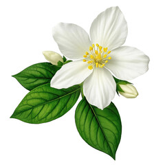 A detailed close up of a white mock orange flower with green leaves and flower buds on black background