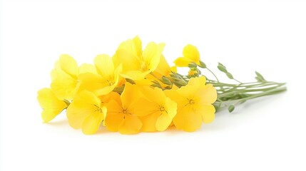Obraz premium Radiant Yellow Flax Flowers on White Background Capturing the Delicate Beauty and Freshness of Nature in a Minimalist Style