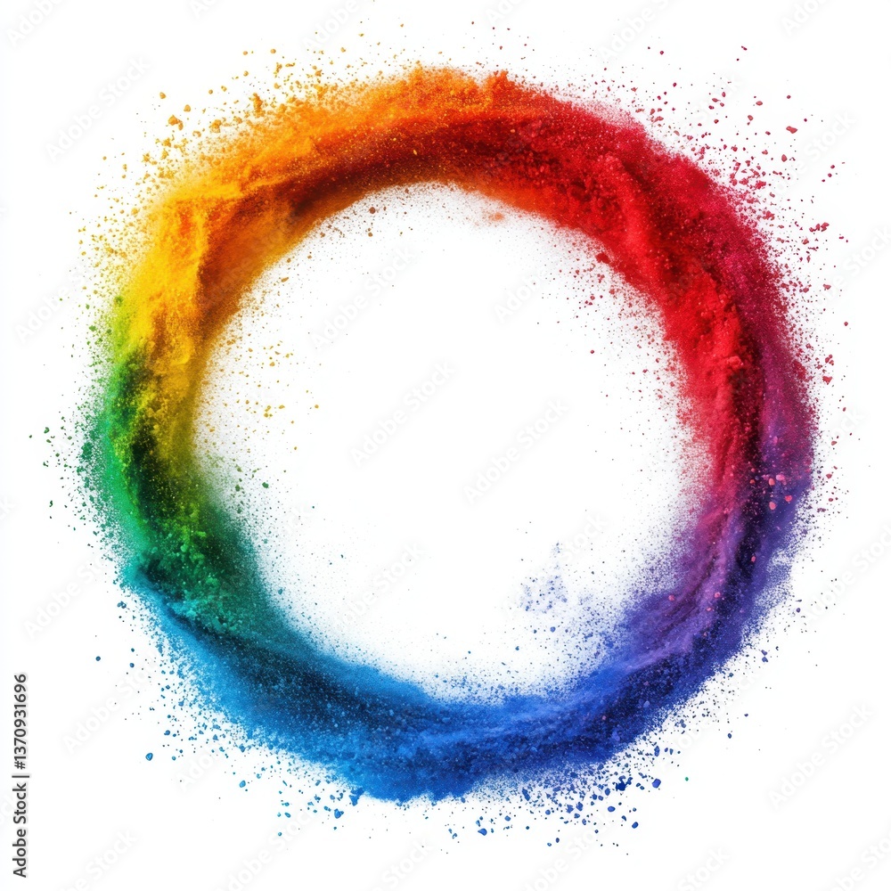 Poster vibrant rainbow powder explosion forming a dynamic circle on a clean white background creating a col