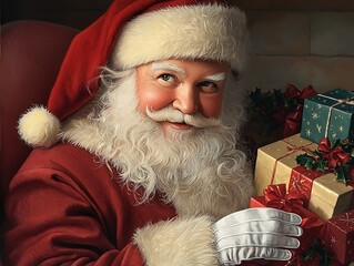 Santa Claus with Gifts, Fireplace, and Christmas.