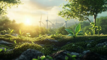 Light bulb with plant in the middle of the forest. Sustainable renewable energy is a renewable energy source. Ai is a green energy generatorative protection. A light bulb surrounded by a lifestyle.