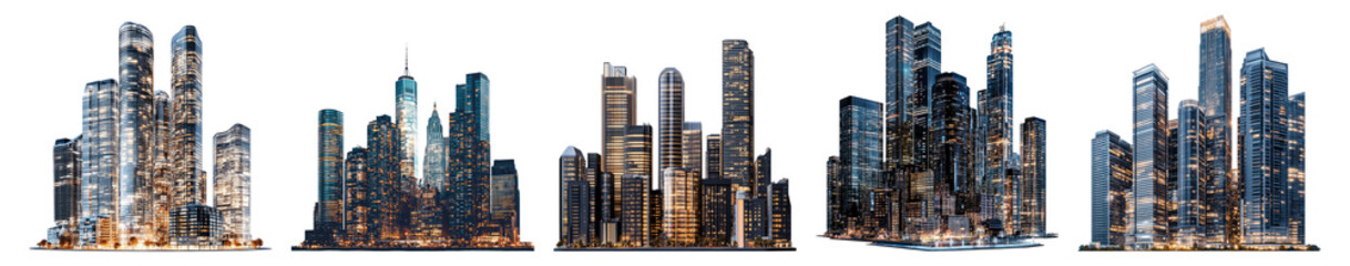 City skyline at night with illuminated modern buildings and lights, isolated on transparent background