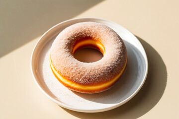 Golden Brown Sugar Coated Donut on White Plate Minimalist Food Photography