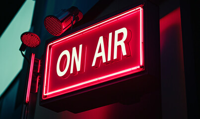 Live broadcast announcement studio signage urban environment close-up view audio production concept