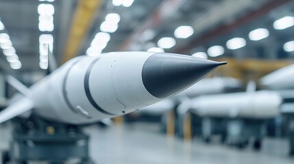 War technology closeup of missiles and bombs manufacturing industrial facility gigapixel hq scale