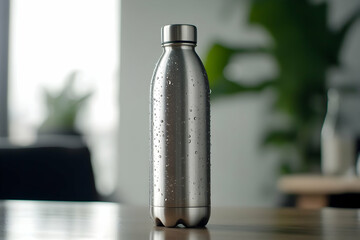  stainless steel water bottle with droplets of condensation on it.