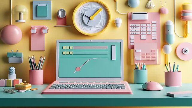 Colorful workspace featuring a retro computer setup with pastel accessories and a vibrant background