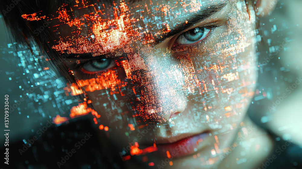 Aufkleber close-up of a man's face dissolving into pixelated digital blocks with vibrant colors in a detailed 
