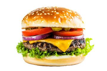 Juicy cheeseburger with fresh vegetables and sesame seed bun.