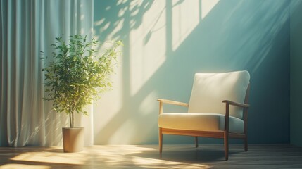 A quiet corner of an empty house with a single potted plant, soft natural light filtering through the window, and a minimalist armchair 