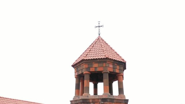 Drone shot of the bell-tower of the Saint Gregory of Narek Cathedral in Armavir Province, Armenia