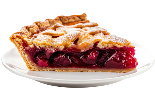 Delicious slice of cherry pie on a white plate, showcasing a flaky crust and vibrant filling.