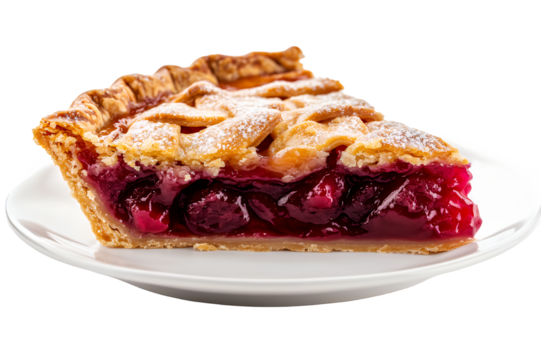 Delicious slice of cherry pie on a white plate, showcasing a flaky crust and vibrant filling.