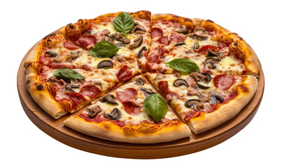 Delicious pepperoni and mushroom pizza on a wooden platter, fresh basil