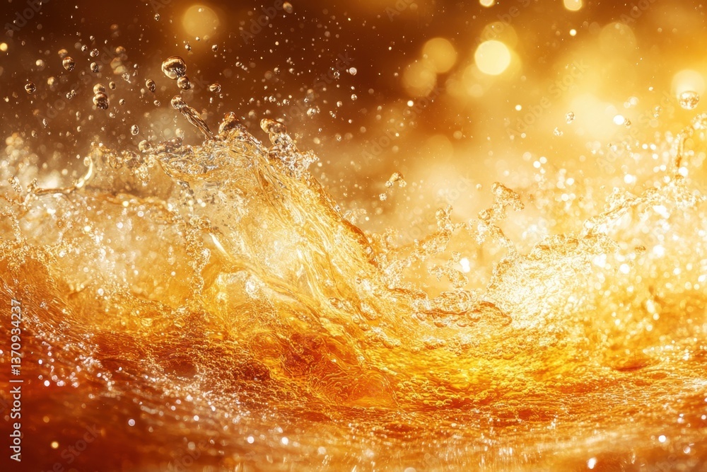 Aufkleber golden liquid splash with bubbles in motion against a blurred light background creating dynamic ener