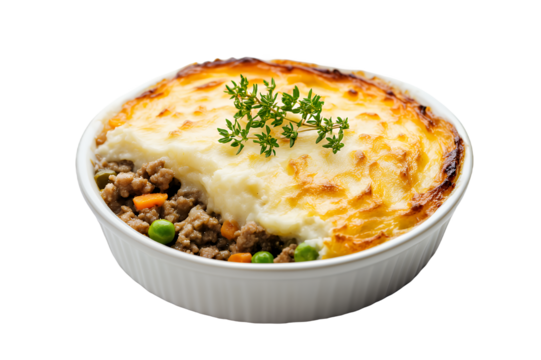 Delicious shepherd's pie topped with golden mashed potatoes and fresh herbs.