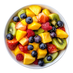 Colorful bowl of mixed fruit salad featuring strawberries, blueberries, and kiwi.